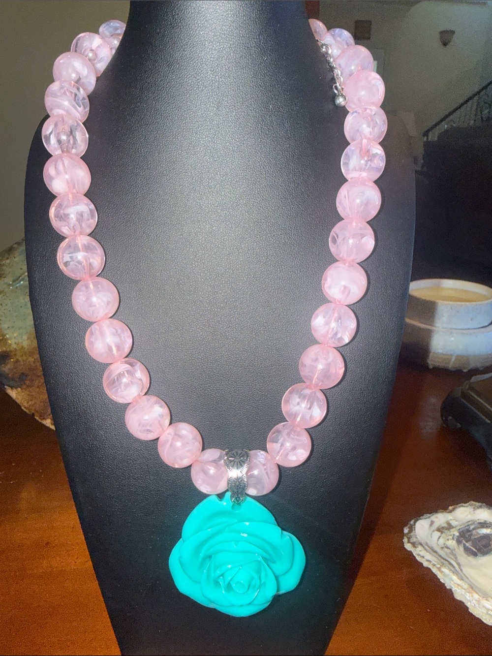 Pink Beaded Necklace with Turquoise Rose Pendant